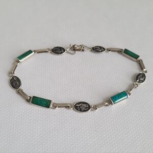 Vintage 950 Silver Peru Boho Native Alpaca Motif Chain Link Tennis Bracelet